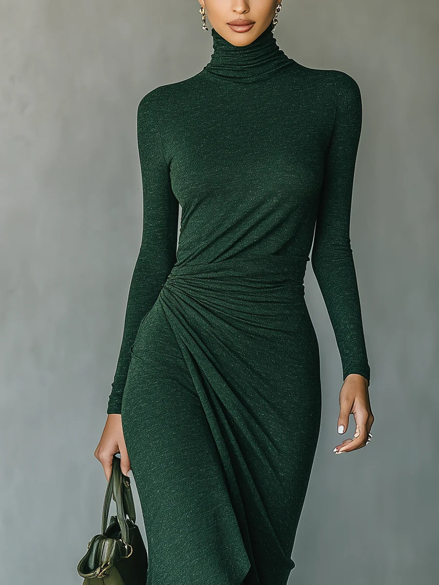 Turtleneck Long Sleeve Ruched Bodycon Midi Dress 3