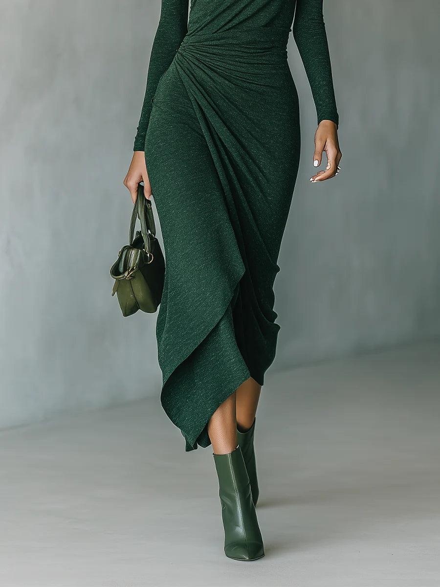 Turtleneck Long Sleeve Ruched Bodycon Midi Dress 4