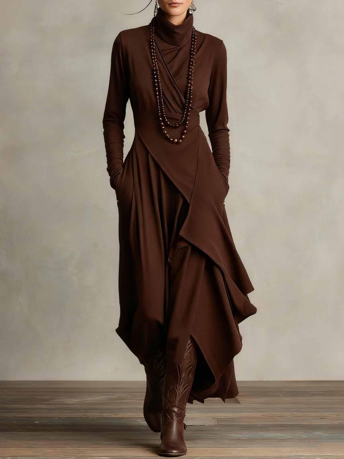 Turtleneck Long Sleeve Draped Asymmetric Maxi Dress 6