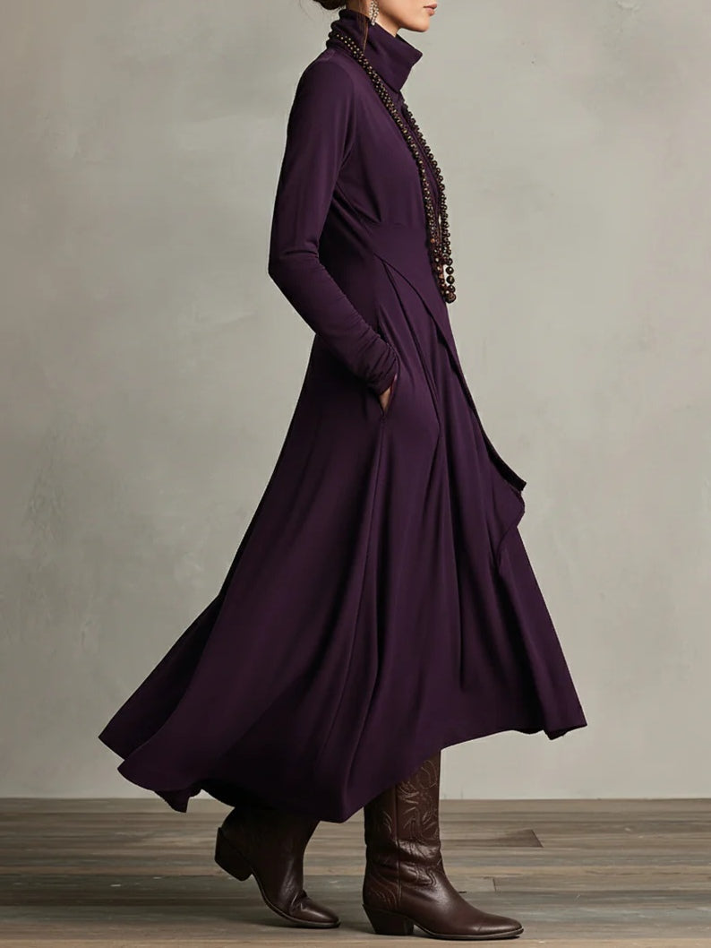 Turtleneck Long Sleeve Draped Asymmetric Maxi Dress 3