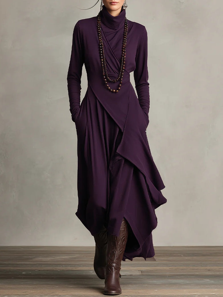 Turtleneck Long Sleeve Draped Ruffle Maxi Dress 2