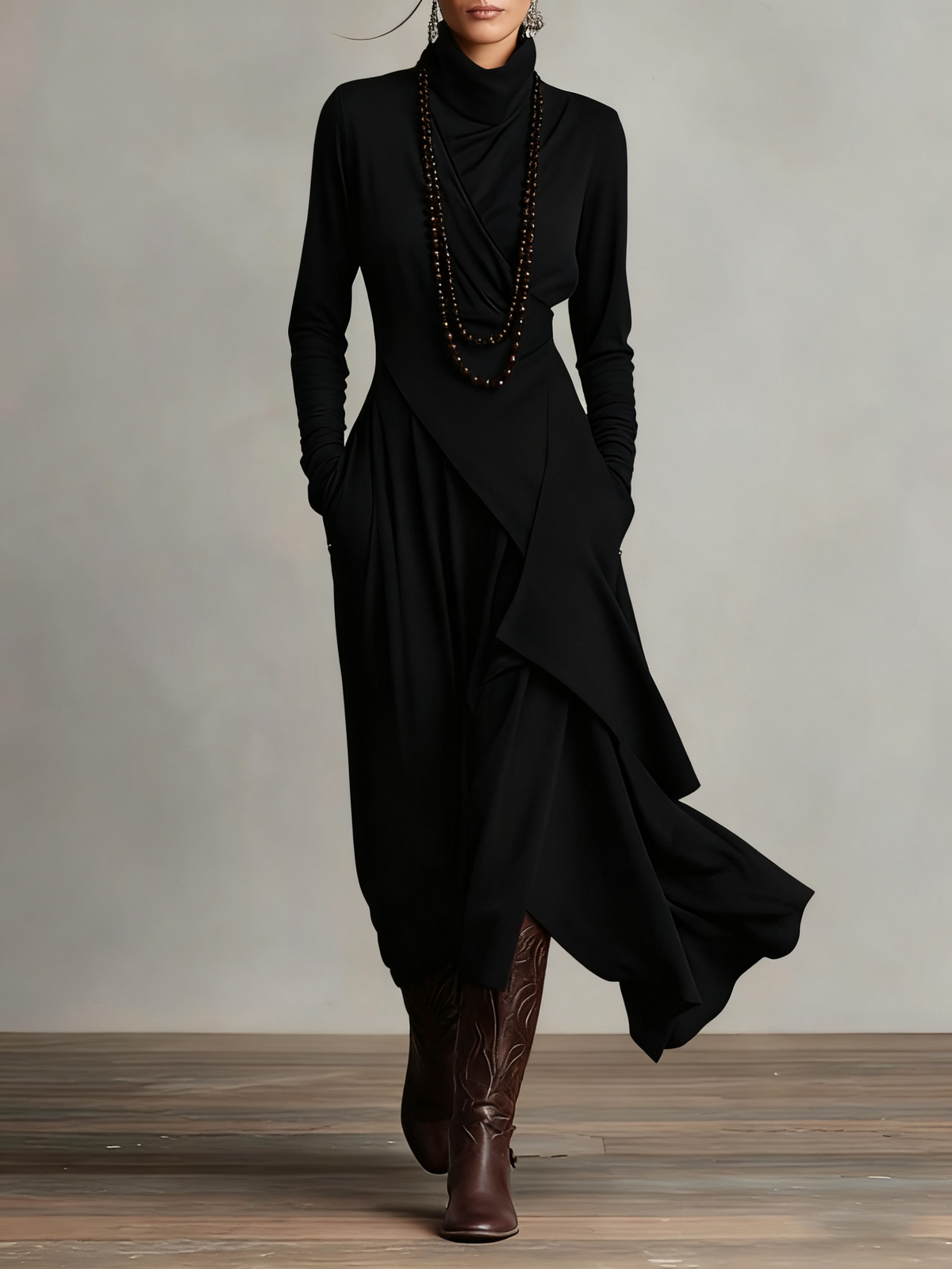 Turtleneck Long Sleeve Draped Ruffle Maxi Dress 7