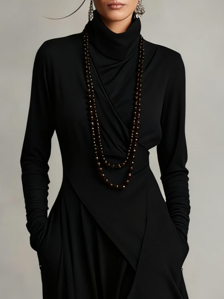 Turtleneck Long Sleeve Draped Ruffle Maxi Dress 8