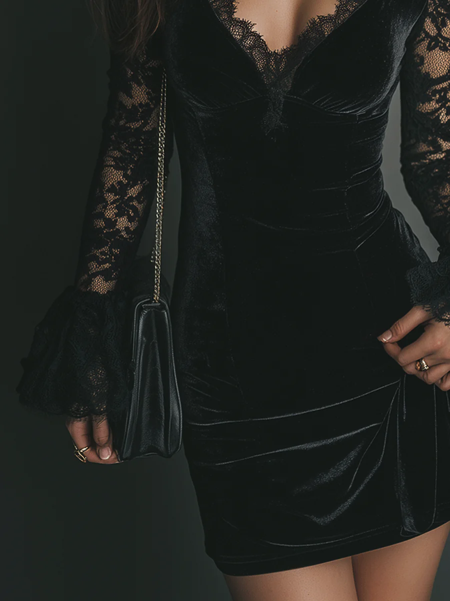 Lace Trim Deep V-Neck Flare Sleeve Velvet Mini Dress 5