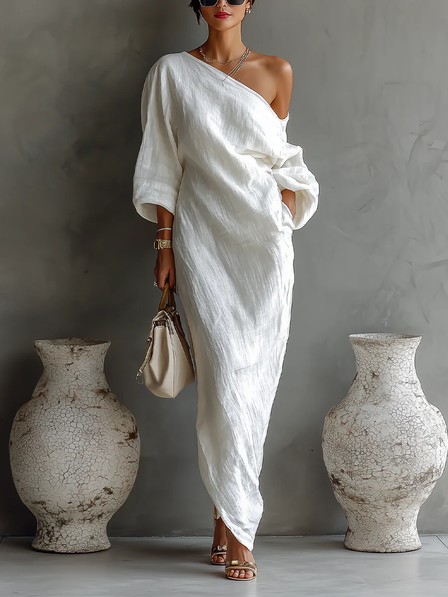 One Shoulder Batwing Sleeve Textured Maxi Dress