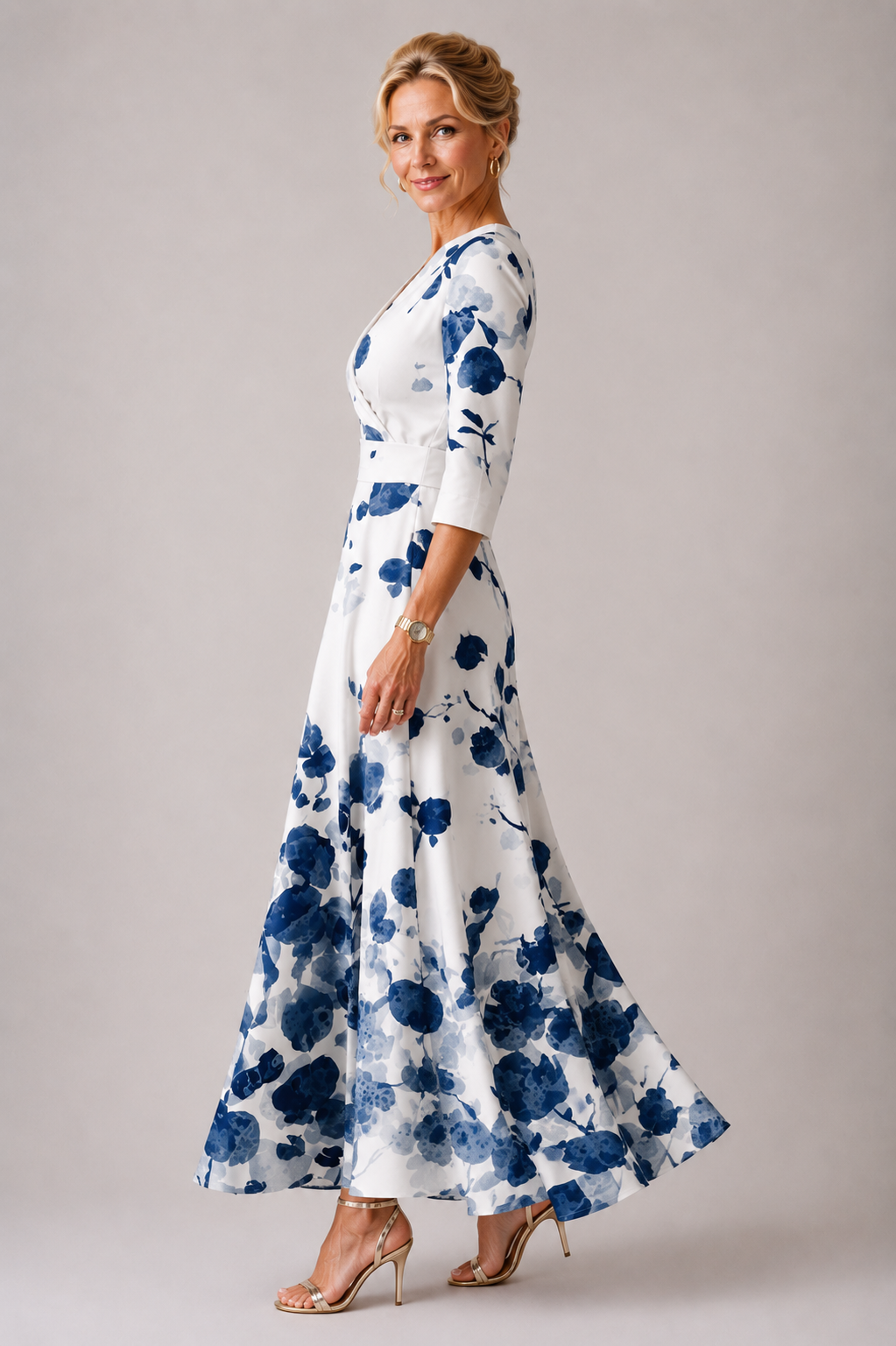 Floral V-Neck Long Sleeve Belted A-Line Maxi Dress