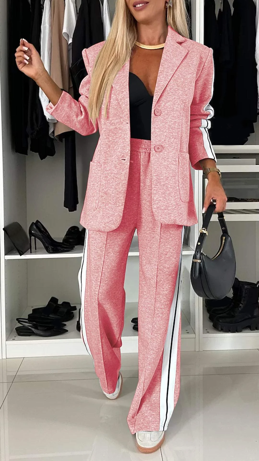 Side Stripe Blazer and Wide Leg Pants Two Piece Set 13