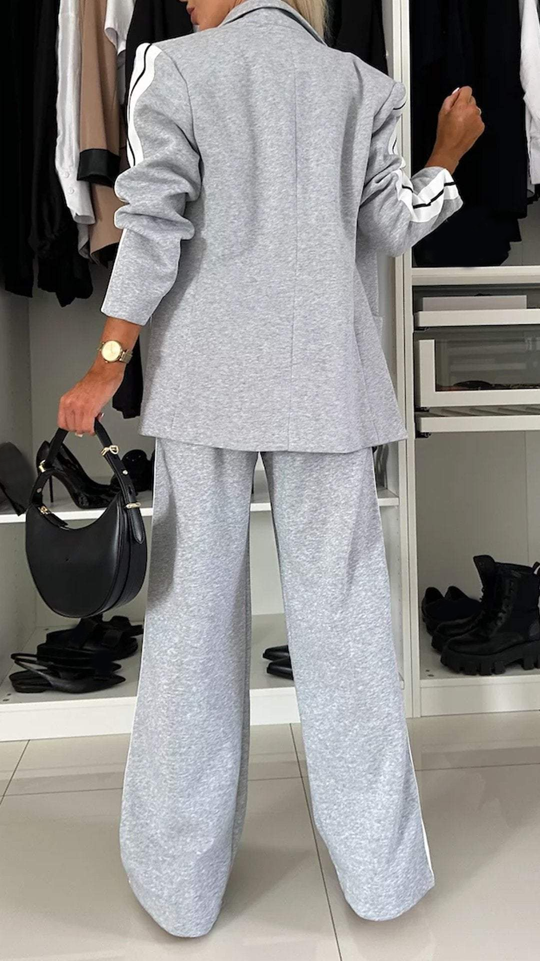 Side Stripe Blazer and Wide Leg Pants Two Piece Set 4