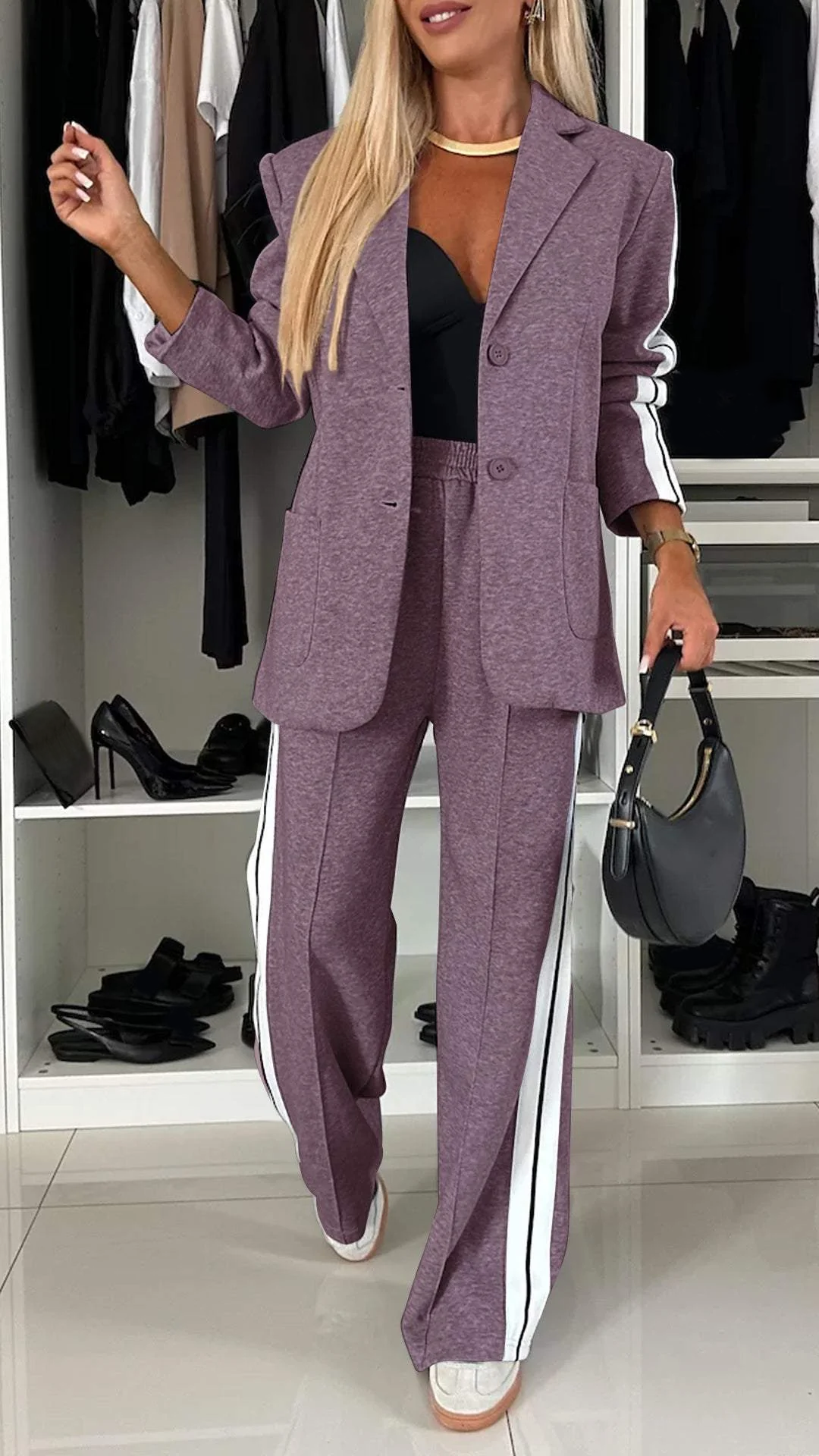 Side Stripe Blazer and Wide Leg Pants Two Piece Set 9