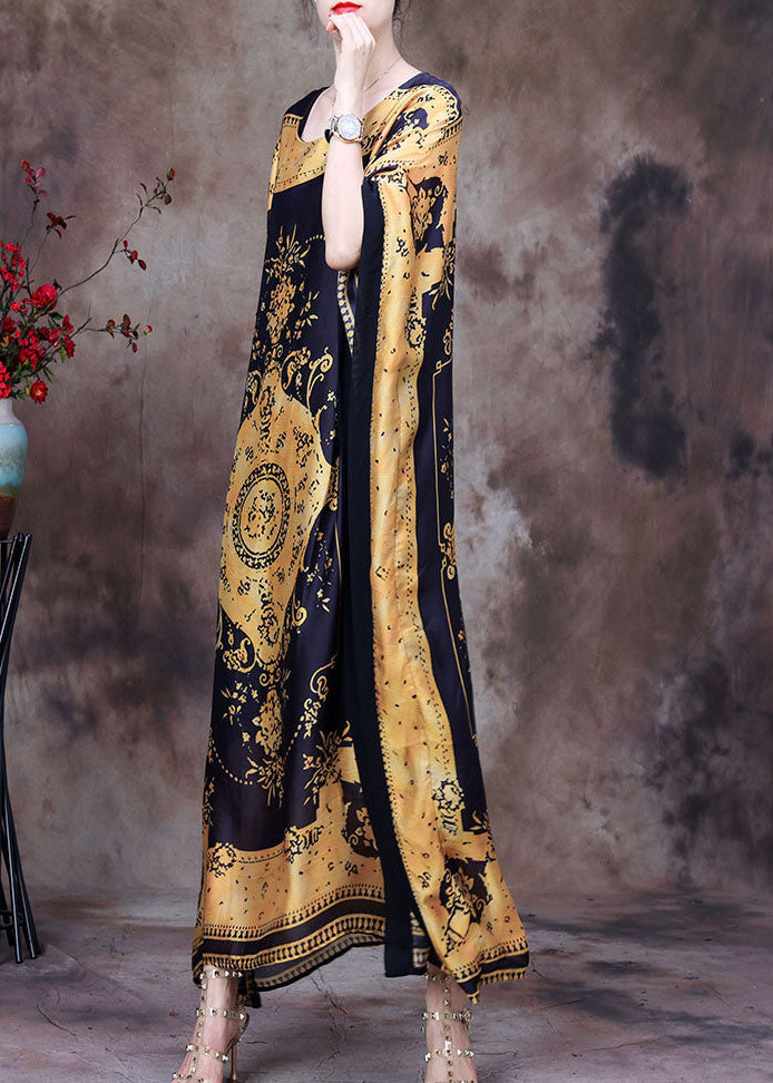Baroque Medallion Print Round Neck Cape Sleeve Side Maxi Dress - View 3