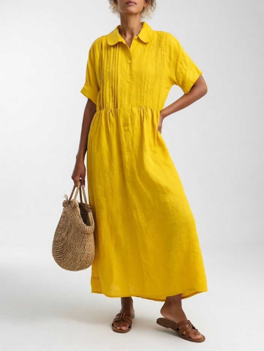 Collared Button Front Pintuck Tiered Maxi Shirt Dress 8