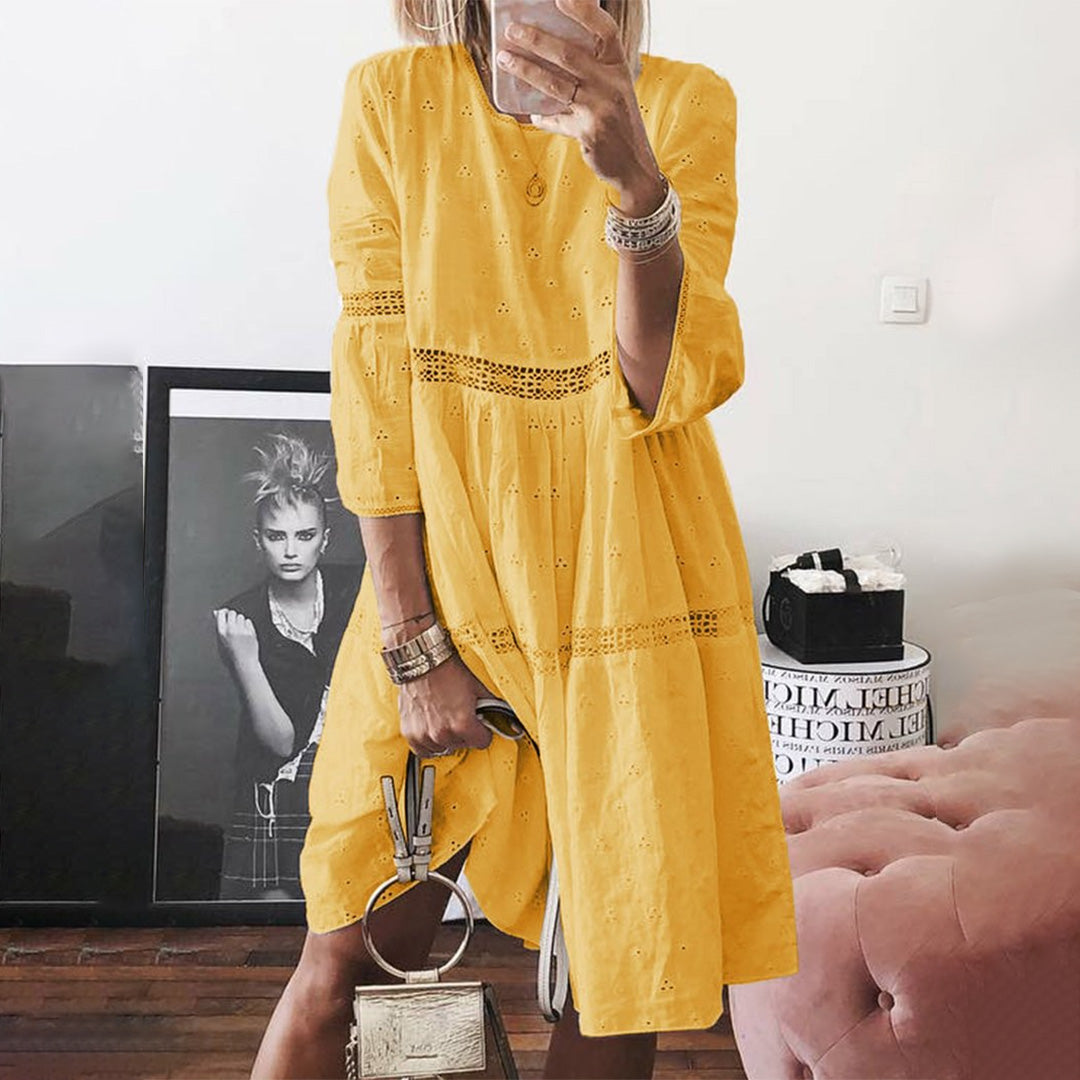 Eyelet Crochet Lace Insert Three Quarter Sleeve Smock Mini Dress - View 2