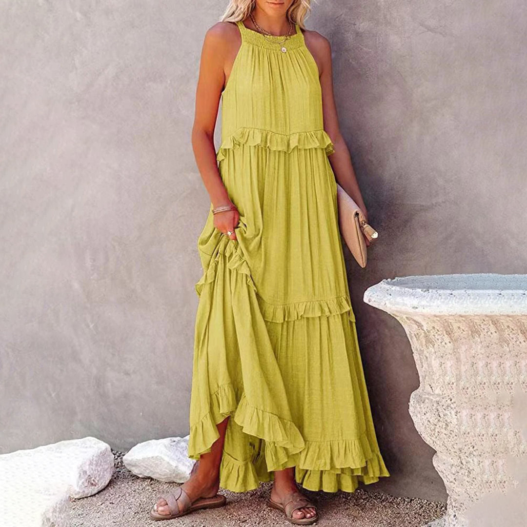 Halter Neck Shirred Tiered Ruffle Maxi Dress - View 4