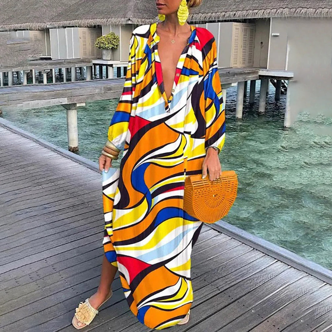 Abstract Swirl Print Deep V-Neck Balloon Sleeve Kaftan Maxi Dress - View 5