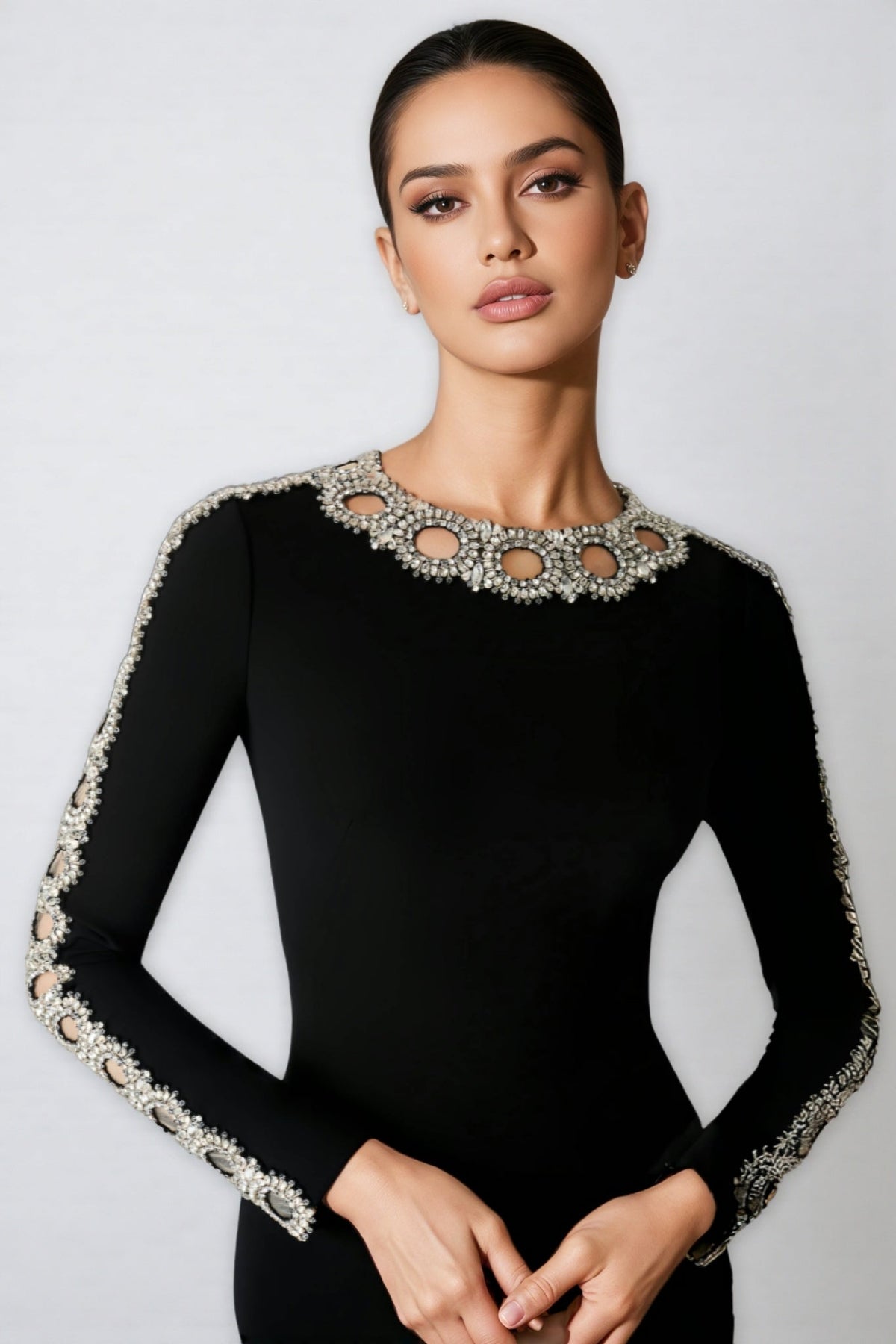Metallic Openwork Collar Long Sleeve Column Maxi Gown - View 2
