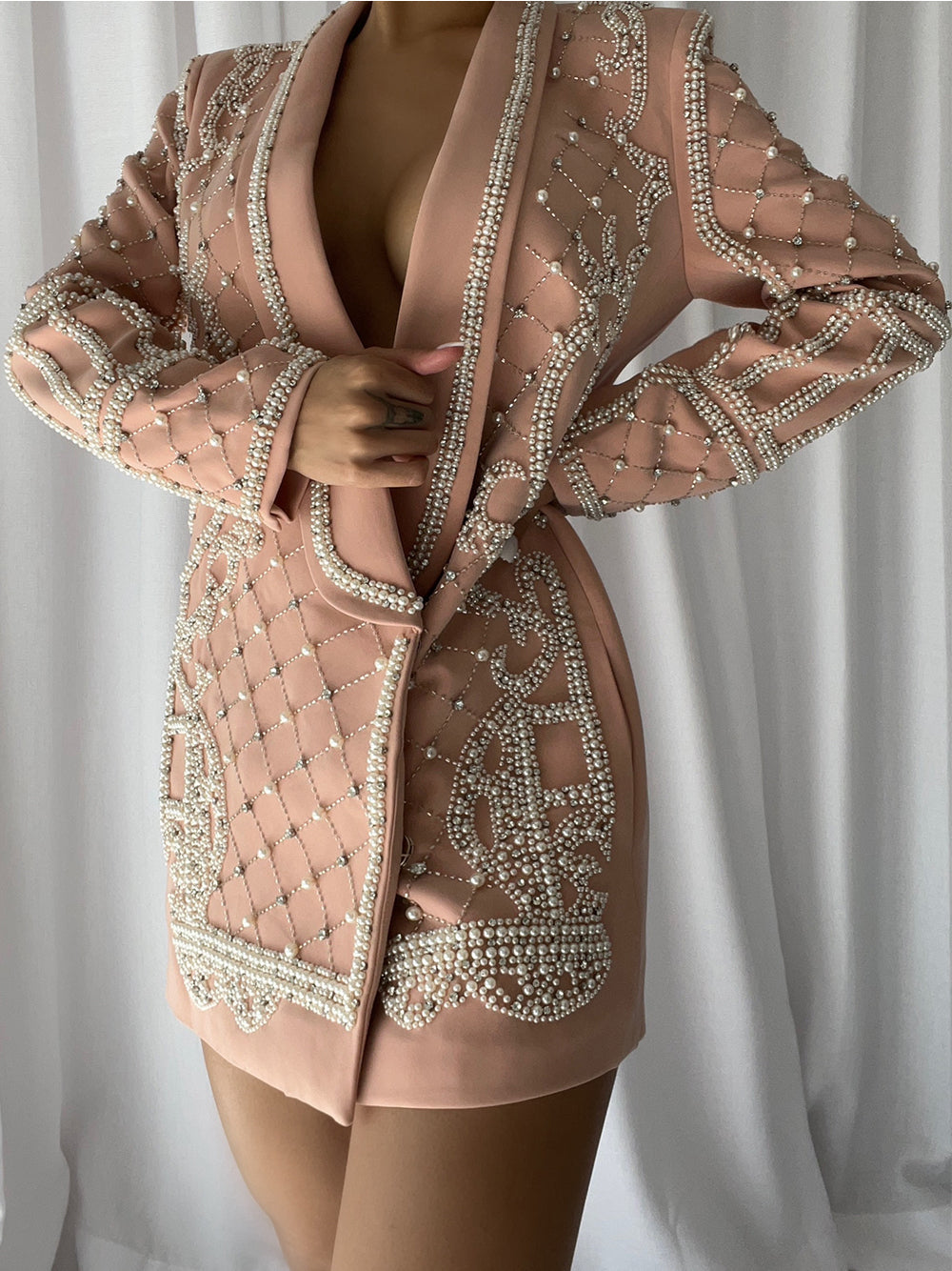 Pearl Rhinestone Beaded Deep V-Neck Long Sleeve Blazer Mini Dress - View 8