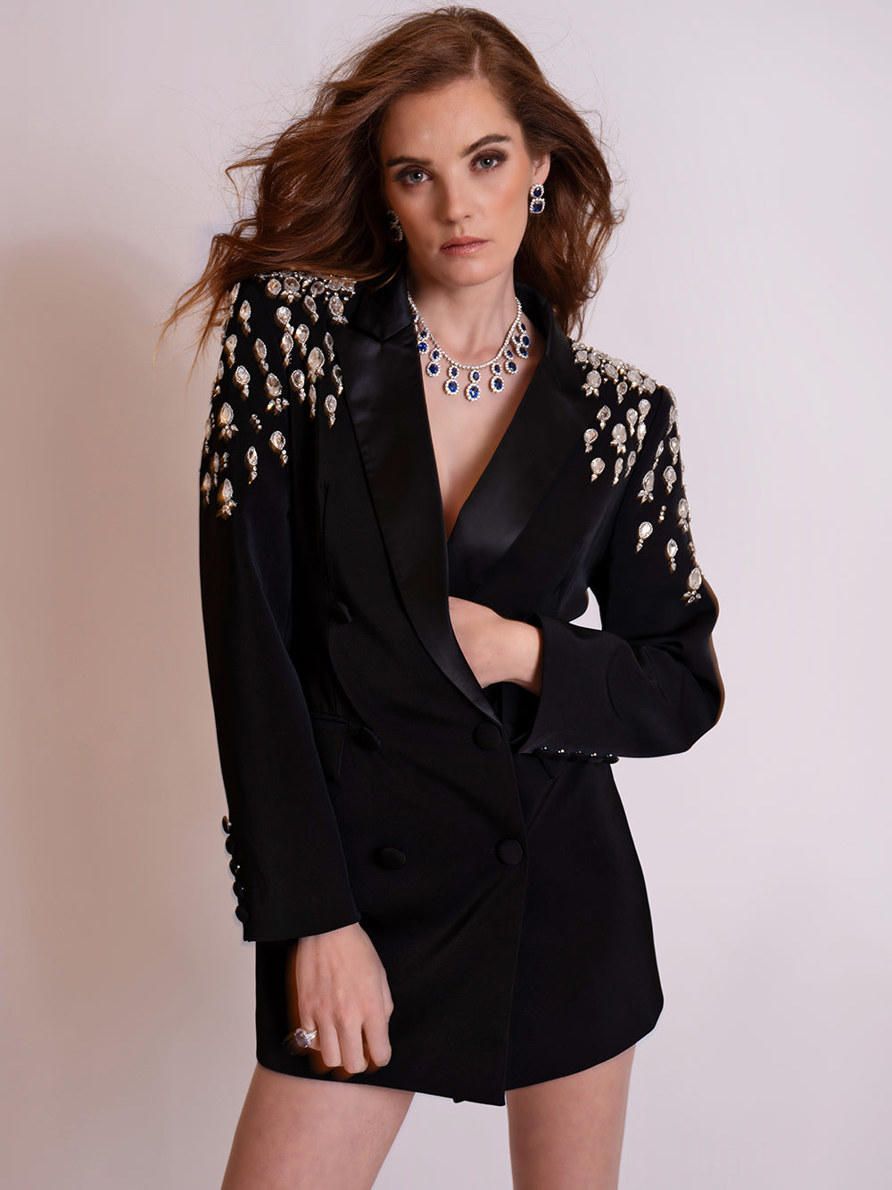 Beaded Double Breasted Satin Lapel Long Sleeve Blazer Mini Dress - View 8