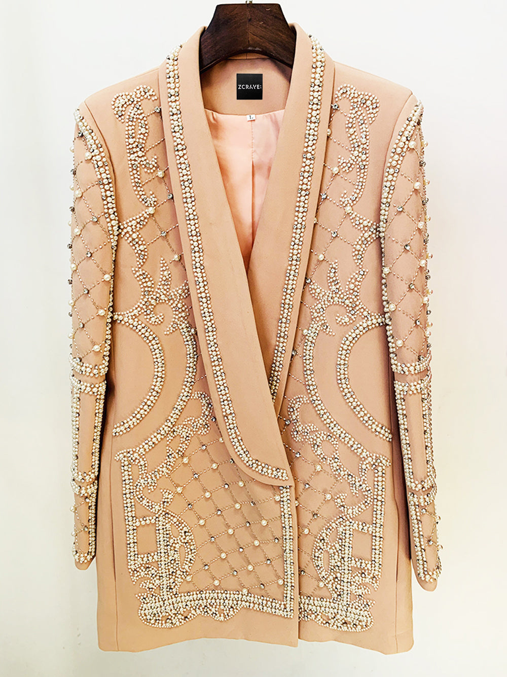 Pearl Rhinestone Beaded Deep V-Neck Long Sleeve Blazer Mini Dress - View 5