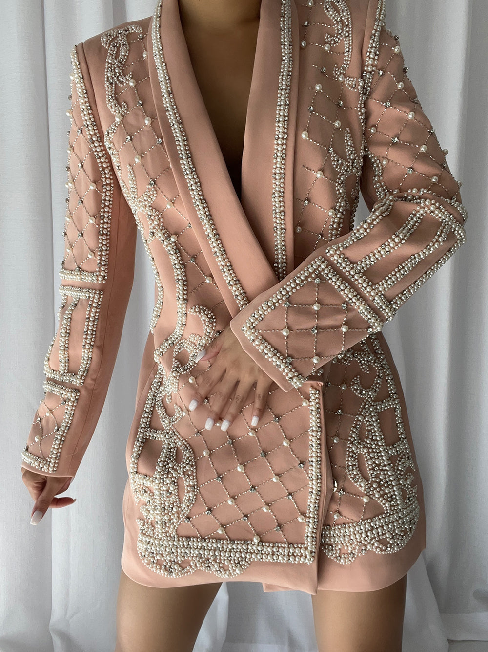 Pearl Rhinestone Beaded Deep V-Neck Long Sleeve Blazer Mini Dress - View 7