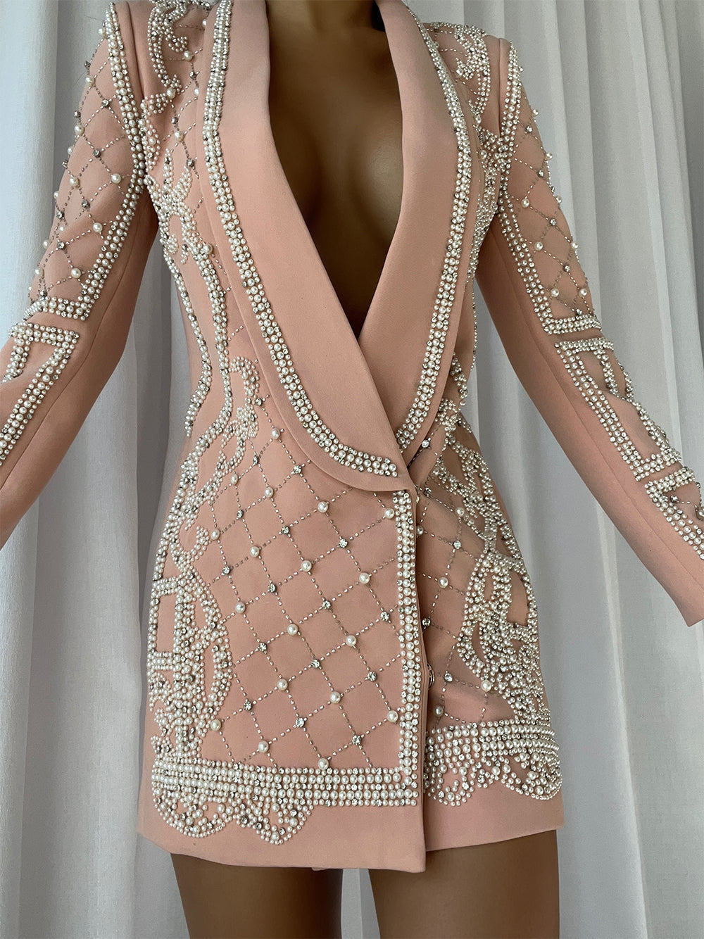 Pearl Rhinestone Beaded Deep V-Neck Long Sleeve Blazer Mini Dress - View 4