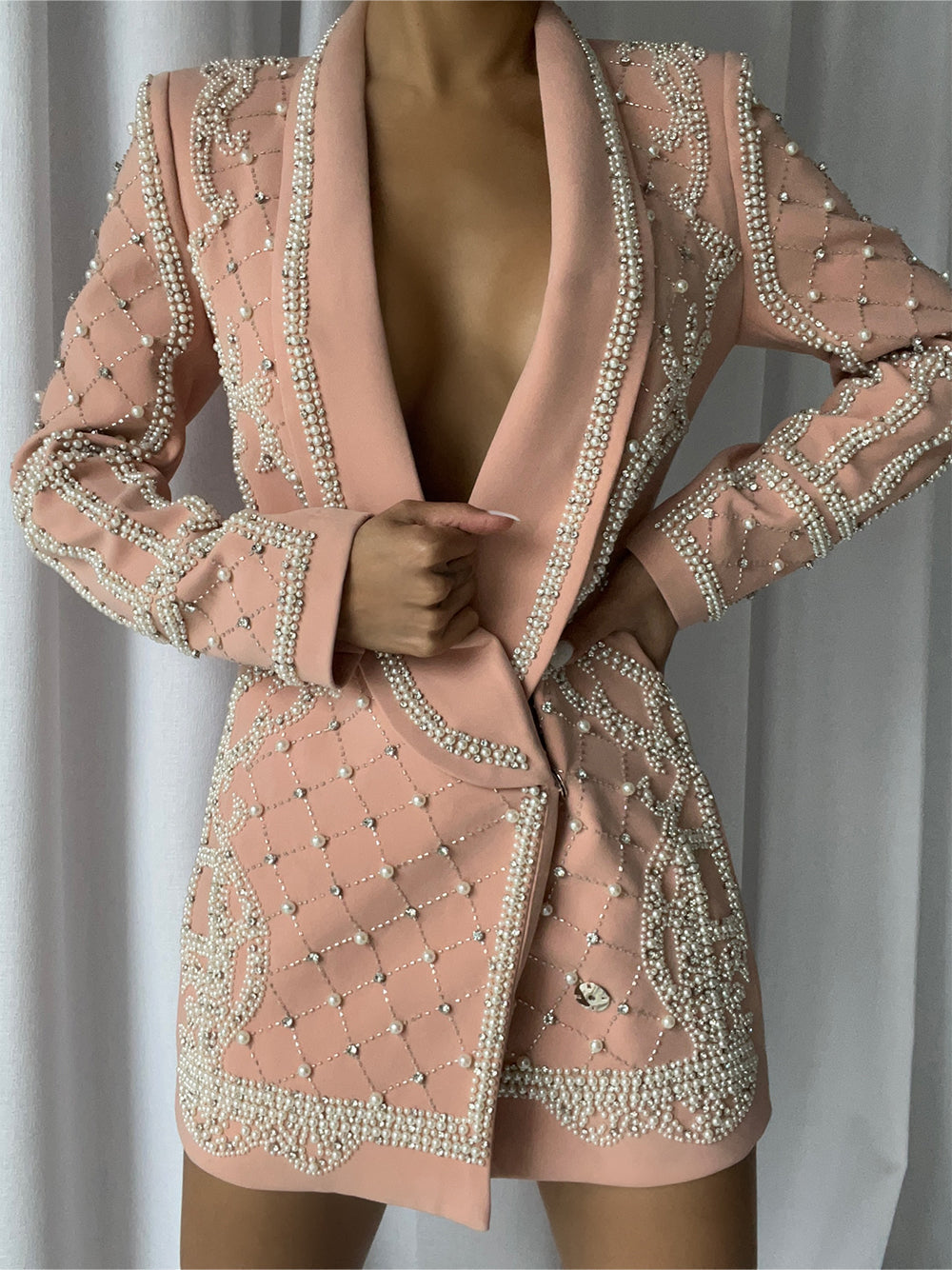 Pearl Rhinestone Beaded Deep V-Neck Long Sleeve Blazer Mini Dress - View 2