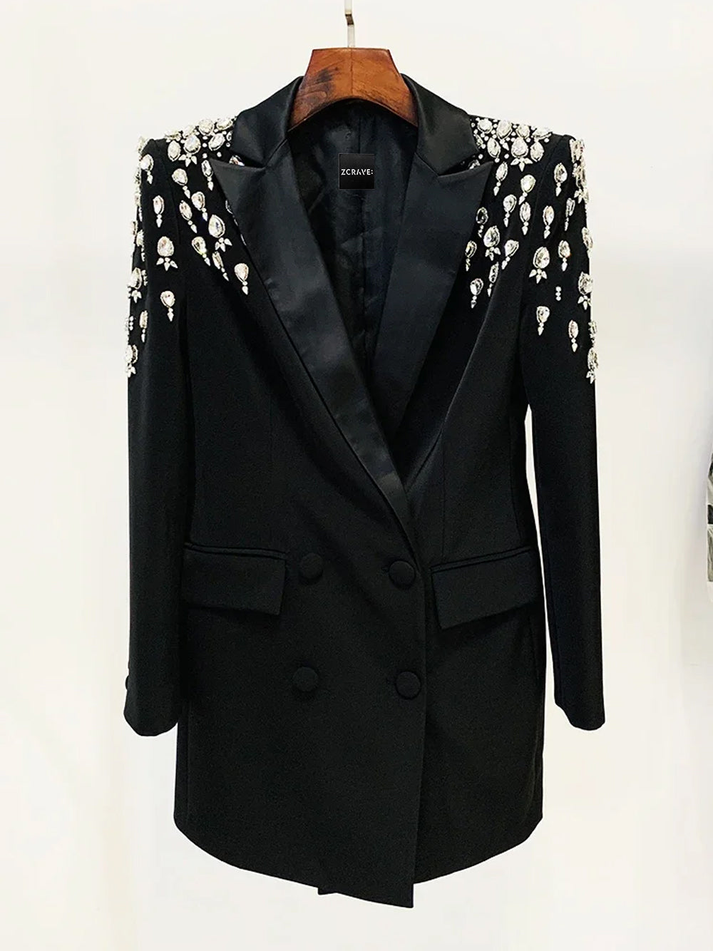 Beaded Double Breasted Satin Lapel Long Sleeve Blazer Mini Dress - View 5