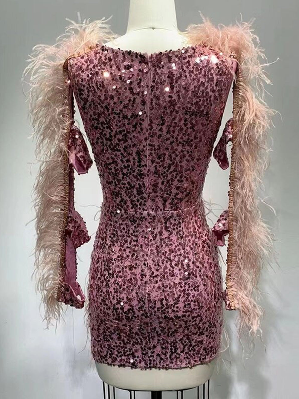 Sequin Deep V-Neck Feather Trim Long Sleeve Cut Out Mini Dress - View 6
