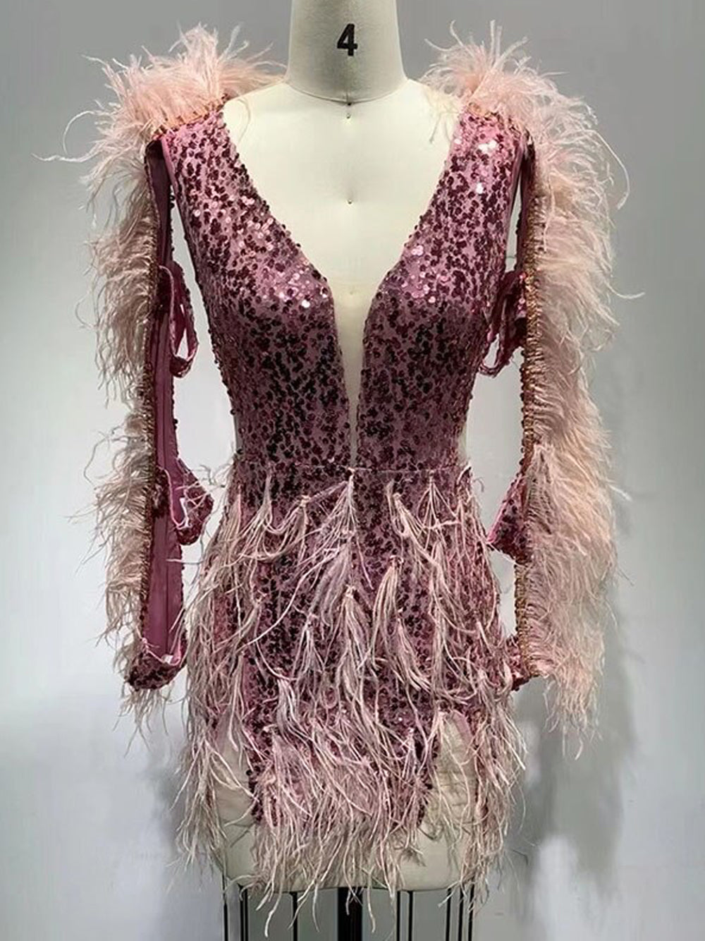 Sequin Deep V-Neck Feather Trim Long Sleeve Cut Out Mini Dress - View 9
