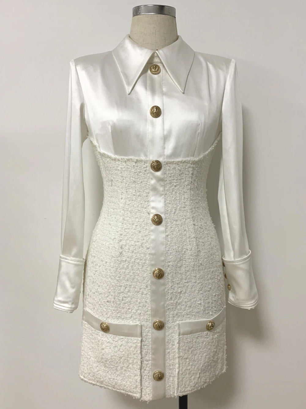Tweed Overlay Shirt Collar Long Sleeve Button Front Mini Dress - View 4