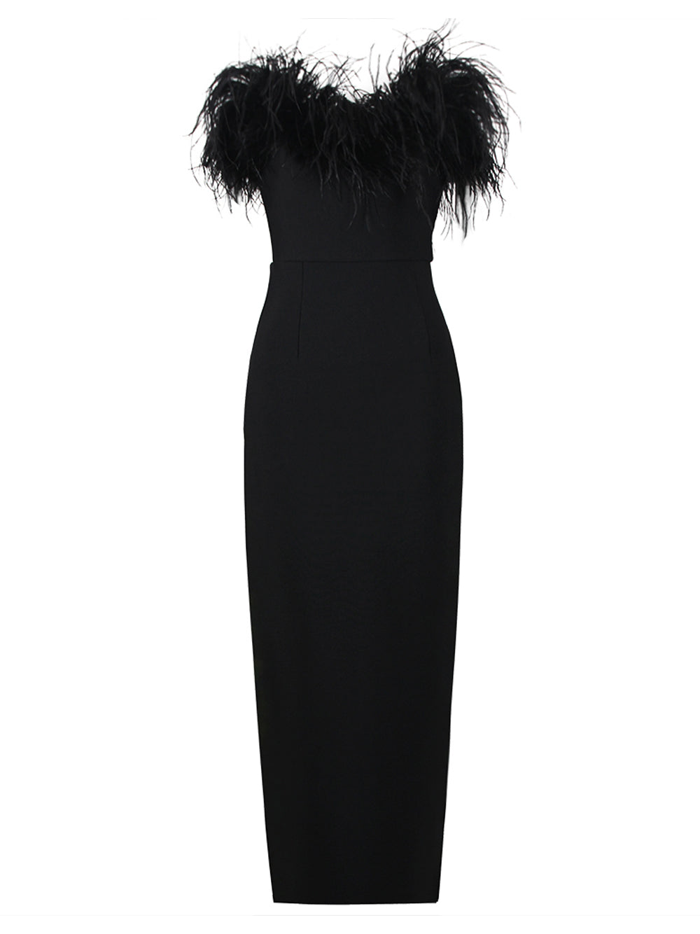 Off Shoulder Feather Trim Column Midi Dress