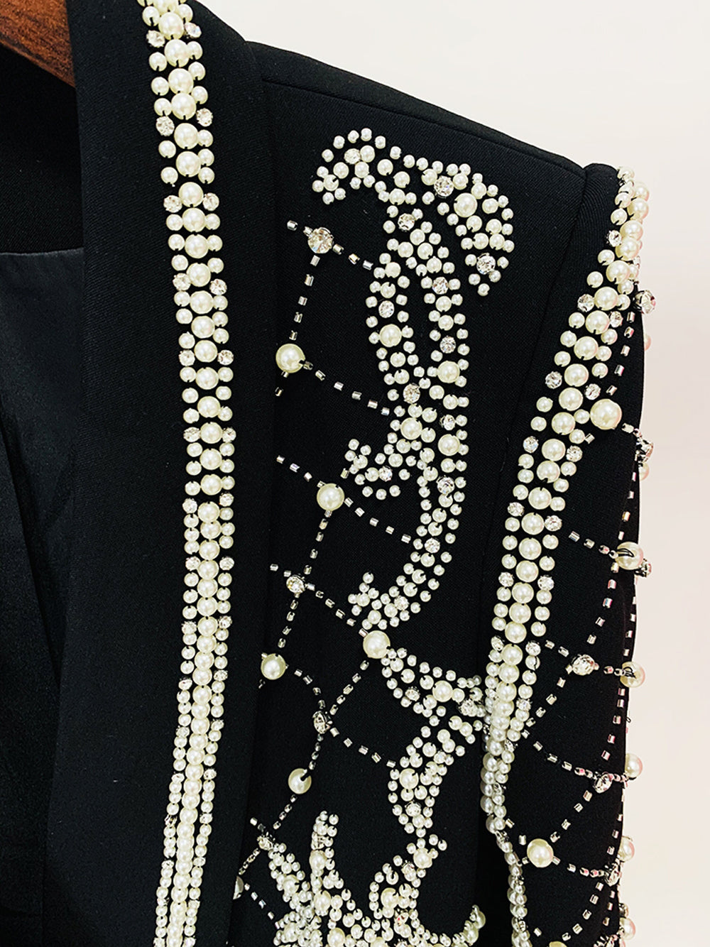 Pearl Beaded Rhinestone Grid Long Sleeve Deep V Blazer Mini Dress - View 9