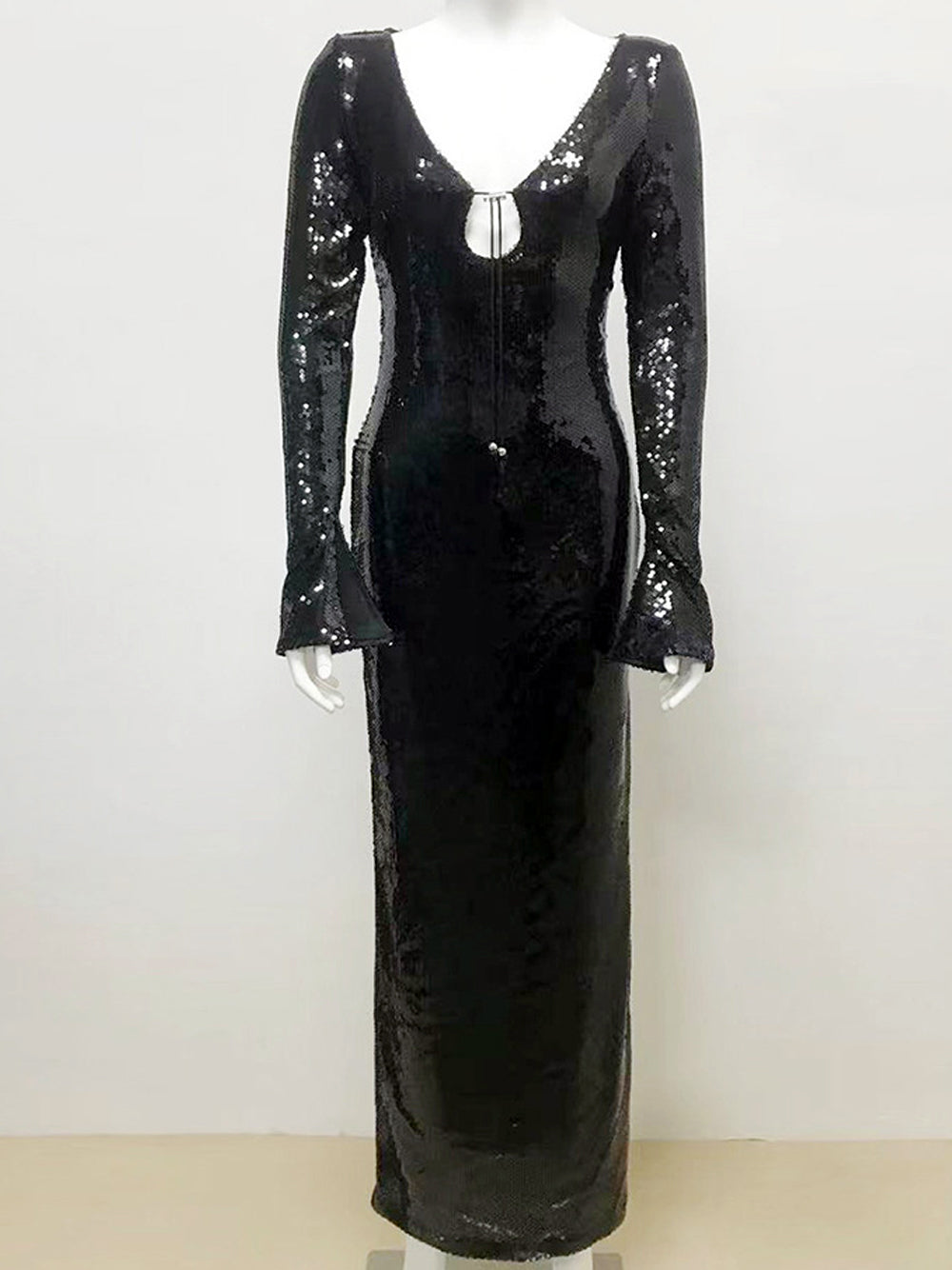 Sequin Deep V-Neck Tie Front Keyhole Long Sleeve Bodycon Maxi Gown - View 7