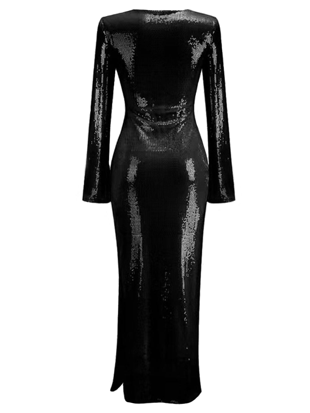 Sequin Deep V-Neck Tie Front Keyhole Long Sleeve Bodycon Maxi Gown - View 5