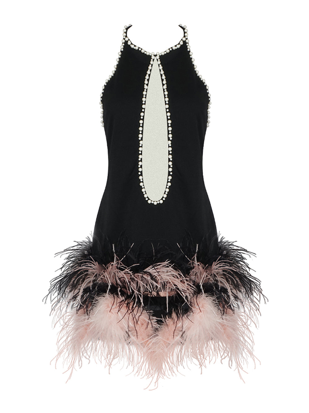 Pearl Trim Halter Neck Mesh Cut Out Feather Fringe Bodycon Mini Dress - View 3