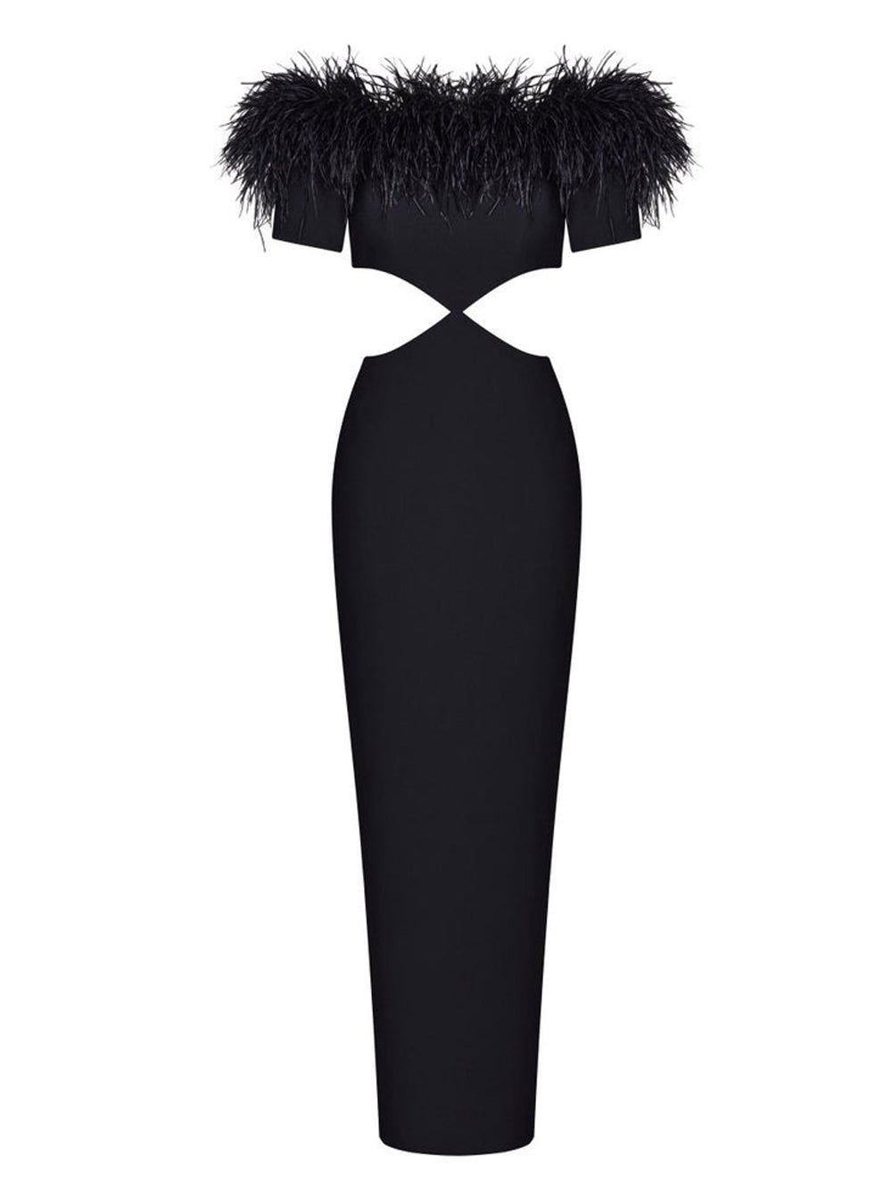 Feather Trim Off Shoulder Waist Cut Out Bodycon Maxi Gown