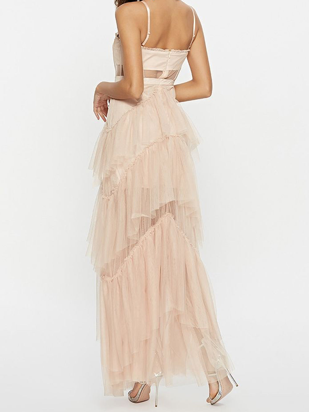 Tulle Corset Bodice Chevron Tiered Ruffle Spaghetti Strap Maxi Gown - View 6