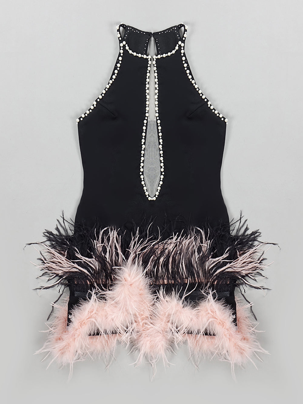 Pearl Trim Halter Neck Mesh Cut Out Feather Fringe Bodycon Mini Dress - View 8