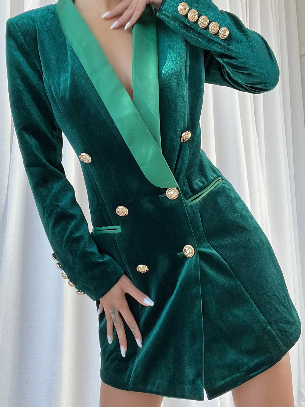 Velvet Satin Lapel Double Breasted Deep V-Neck Blazer Mini Dress - View 3