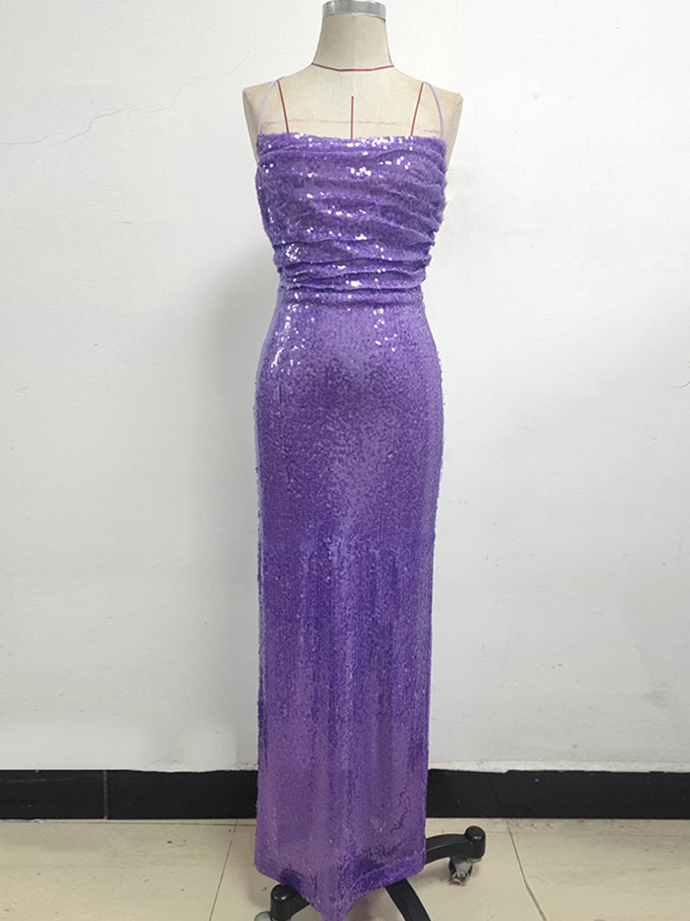 Sequin Spaghetti Strap Ruched Side Seam Bodycon Column Maxi Gown - View 5