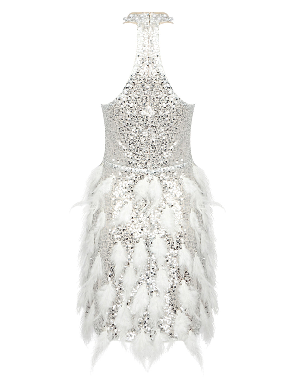 Sequin Halter Neck Plunge Feather Skirt Mini Dress - View 2