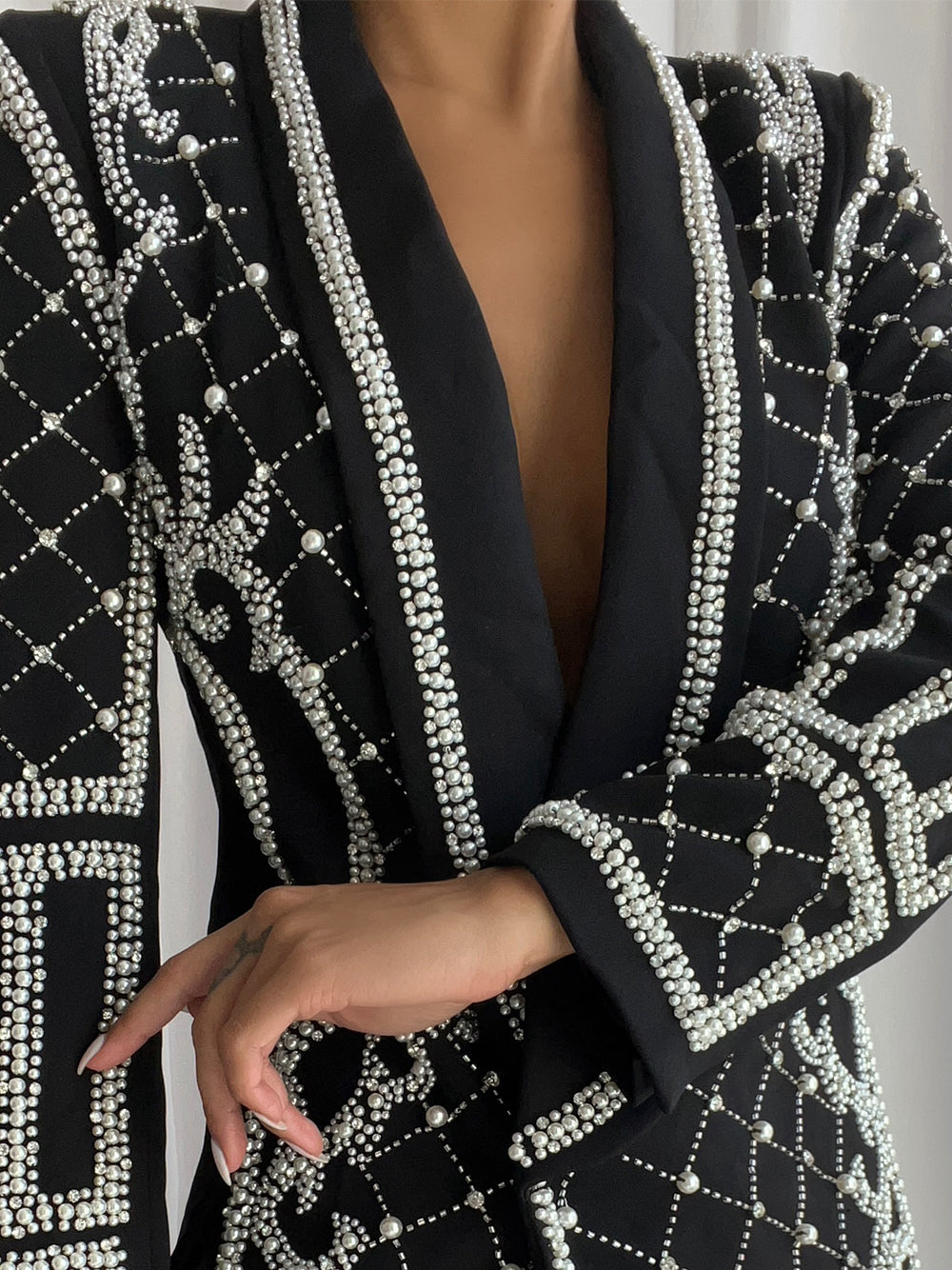 Pearl Beaded Rhinestone Grid Long Sleeve Deep V Blazer Mini Dress - View 8