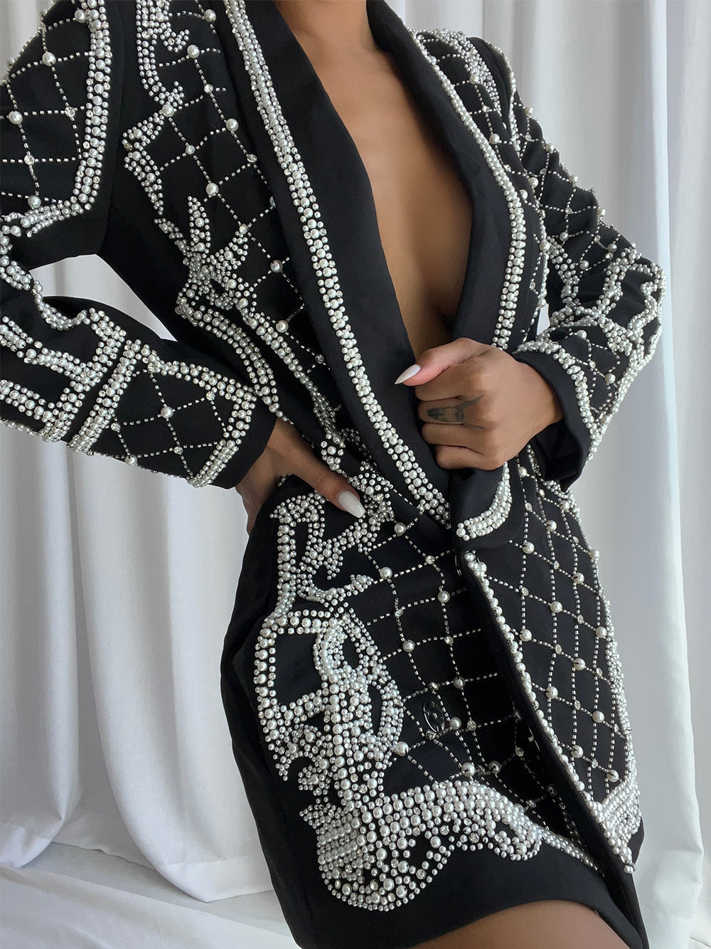 Pearl Beaded Rhinestone Grid Long Sleeve Deep V Blazer Mini Dress - View 2
