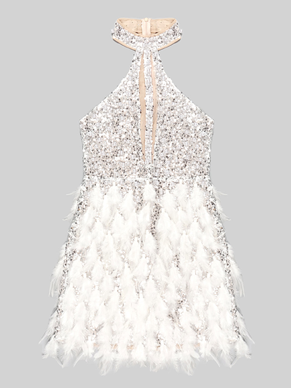 Sequin Halter Neck Plunge Feather Skirt Mini Dress - View 4