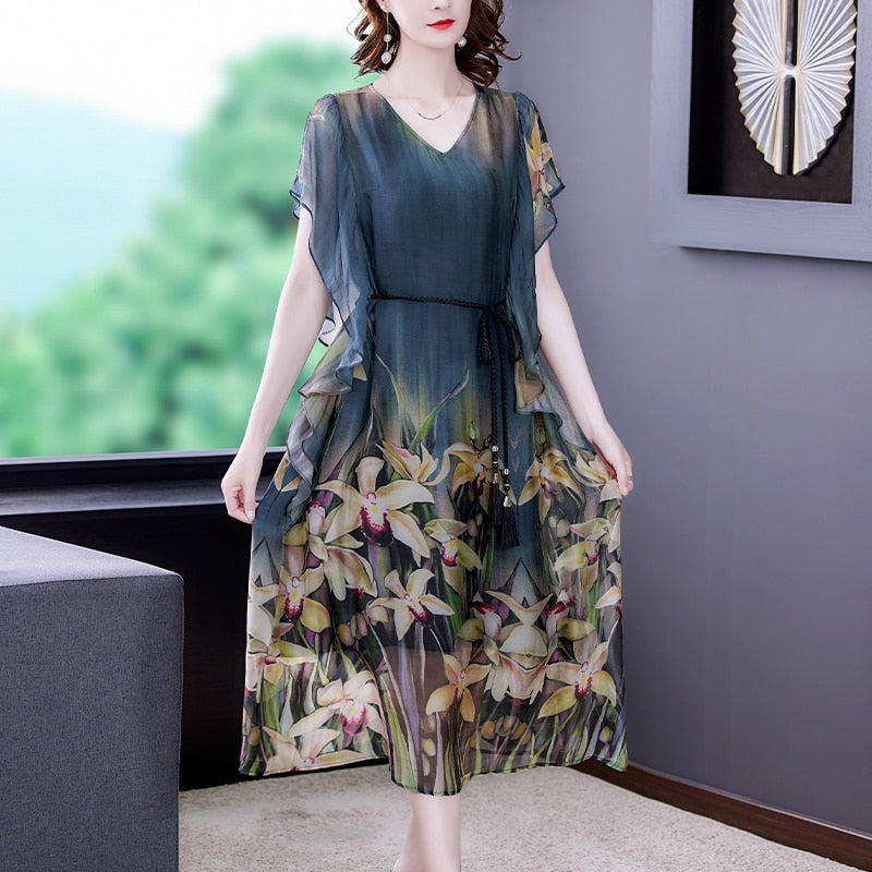 Vintage French V-neck Chiffon Silk Long Dress - View 3