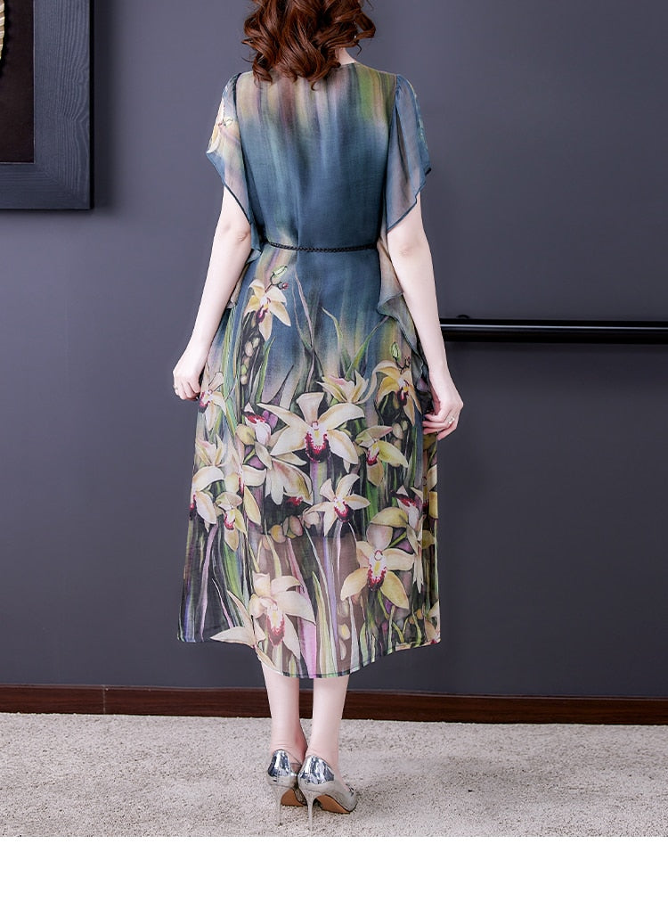 Vintage French V-neck Chiffon Silk Long Dress - View 4