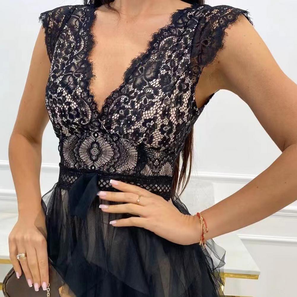 Lace V-Neck Cap Sleeve Bow Waist Tiered Tulle Ruffle Mini Dress - View 5