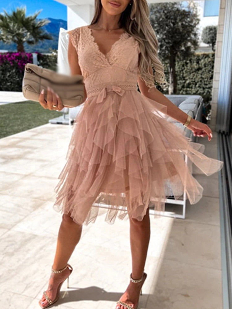 Lace V-Neck Cap Sleeve Bow Waist Tiered Tulle Ruffle Mini Dress - View 7