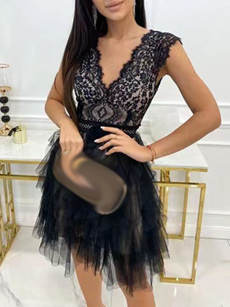Lace V-Neck Cap Sleeve Bow Waist Tiered Tulle Ruffle Mini Dress - View 9