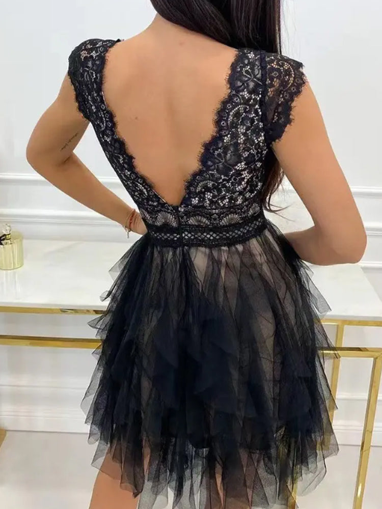 Lace V-Neck Cap Sleeve Bow Waist Tiered Tulle Ruffle Mini Dress - View 6