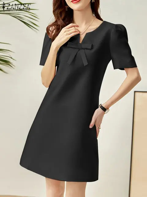 V-Neck Bow Detail Short Puff Sleeve Shift Mini Dress